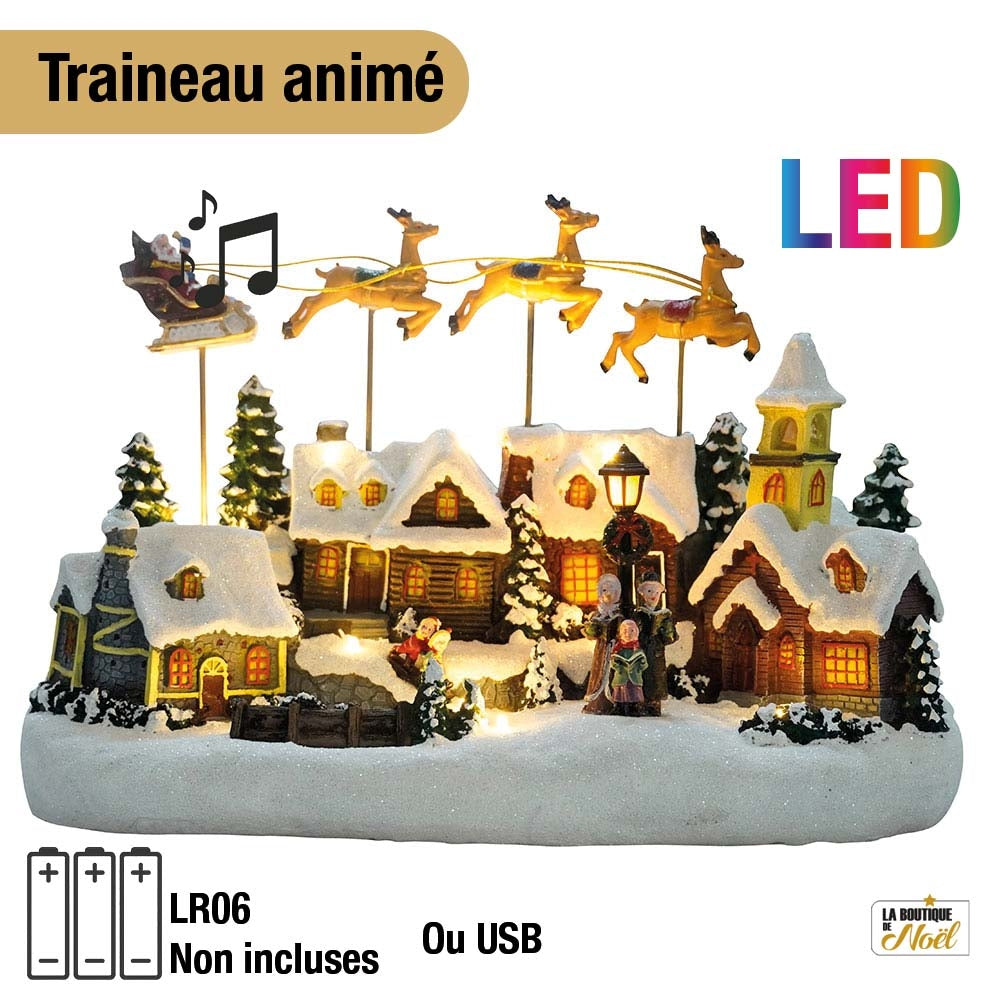 VILLAGE DE NOEL AVEC TRAINEAU VOLANT ANIME A PILES (1)