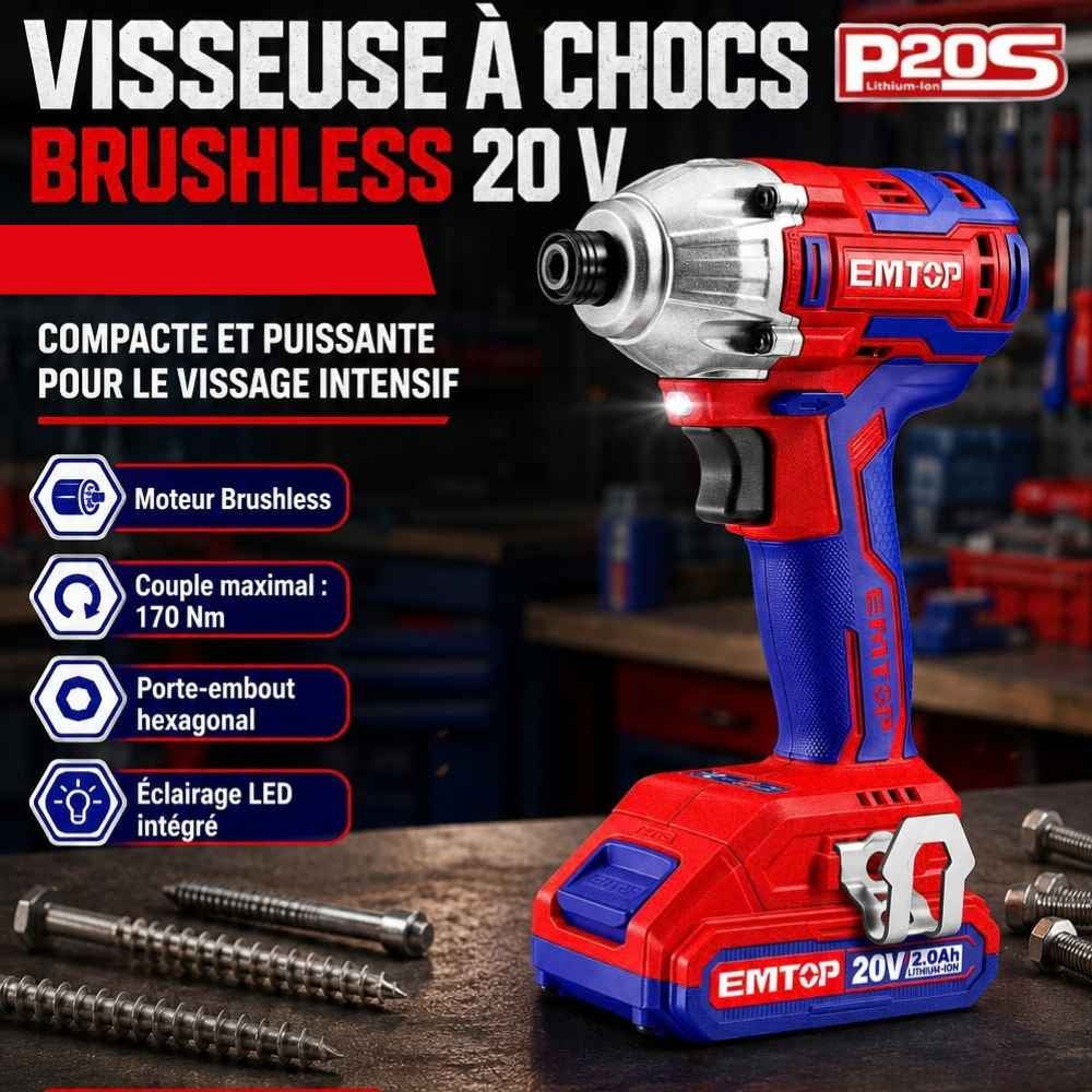 KIT VISSEUSE A CHOCS 170NM SANS FIL 20V CHARGEUR 2 BATTERIES 2AH (4)