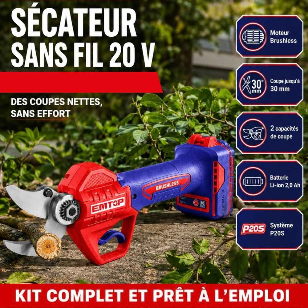 COFFRET SECATEUR A BATTERIE 20V EMTOP 1 CHARGEUR 1 BATTERIE 2,0AH (4)