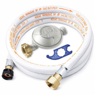 KIT DÉTENDEUR BUTANE 28 MB ET FLEXIBLE DE GAZ 1,5M G1/2 M20×1,5 ET CLE MULTIFONCTION BOUTEILLE 13 KG