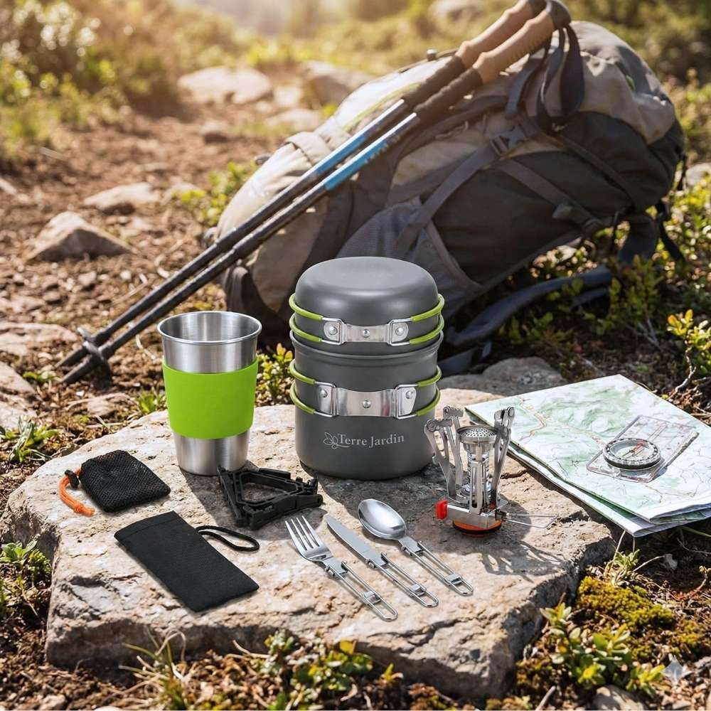 POPOTE DE CAMPING KIT CASSEROLES ALUMINIUM ET RECHAUD 12 PIECES TRAILGAZ PAN (6)