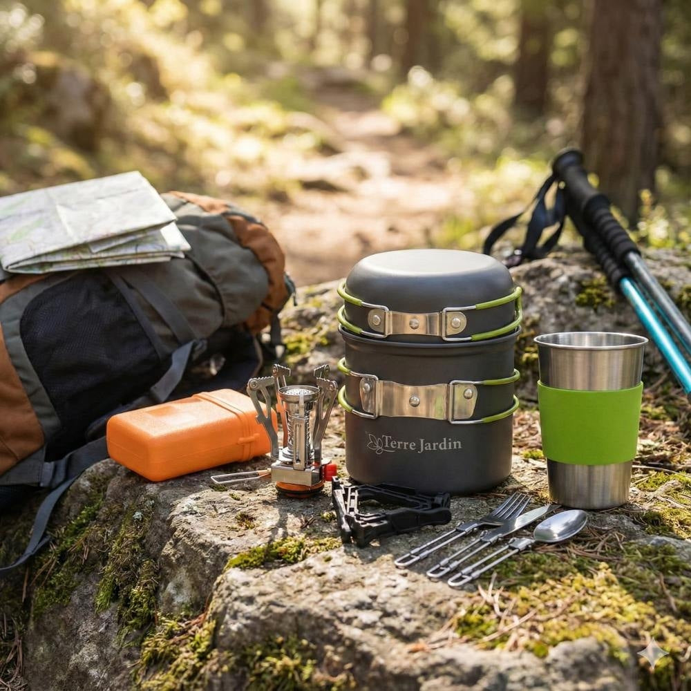 POPOTE DE CAMPING KIT CASSEROLES ALUMINIUM ET RECHAUD 12 PIECES TRAILGAZ PAN (1)