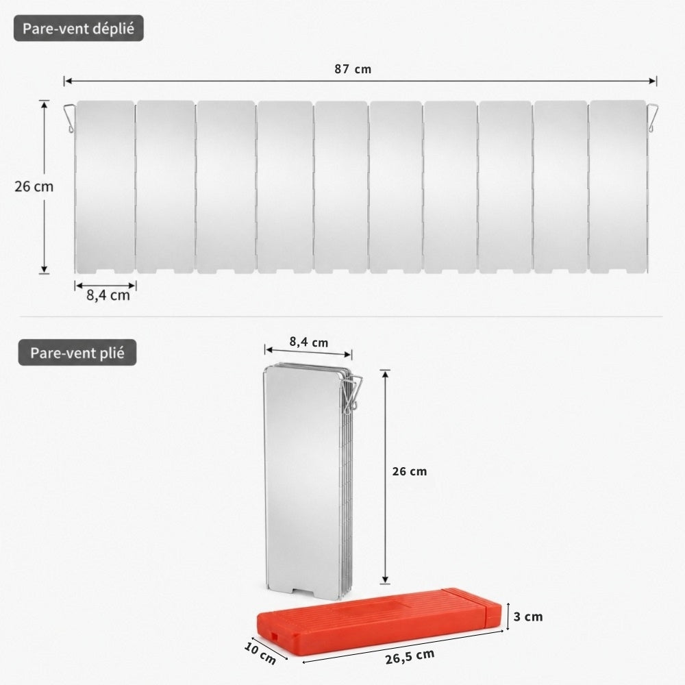 PARE-VENT PLIABLE POUR RÉCHAUD DE CAMPING ALUMINIUM 10 PANNEAUX 8,4X26CM (2)