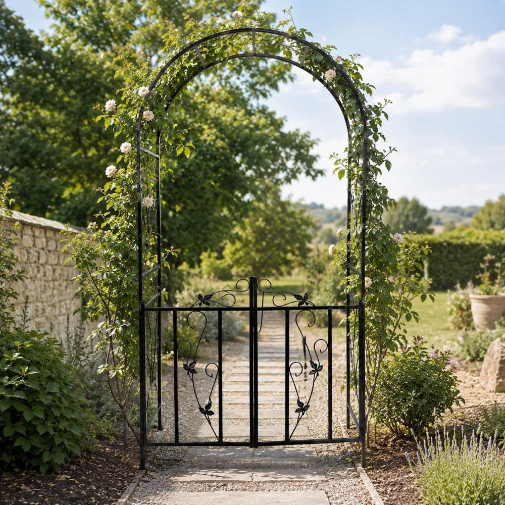 ARCHE DE JARDIN AVEC PORTES VERTE EN ACIER 114 × 37 X H 225 cm