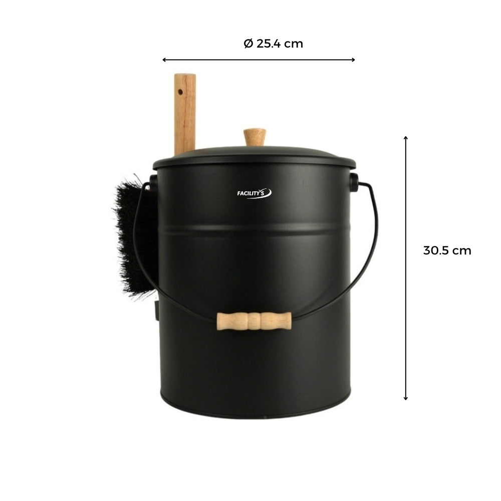 SEAU A CENDRES AVEC COUVERCLE EN ACIER 4 PIECES 15L METAL BOIS NOIR (1)