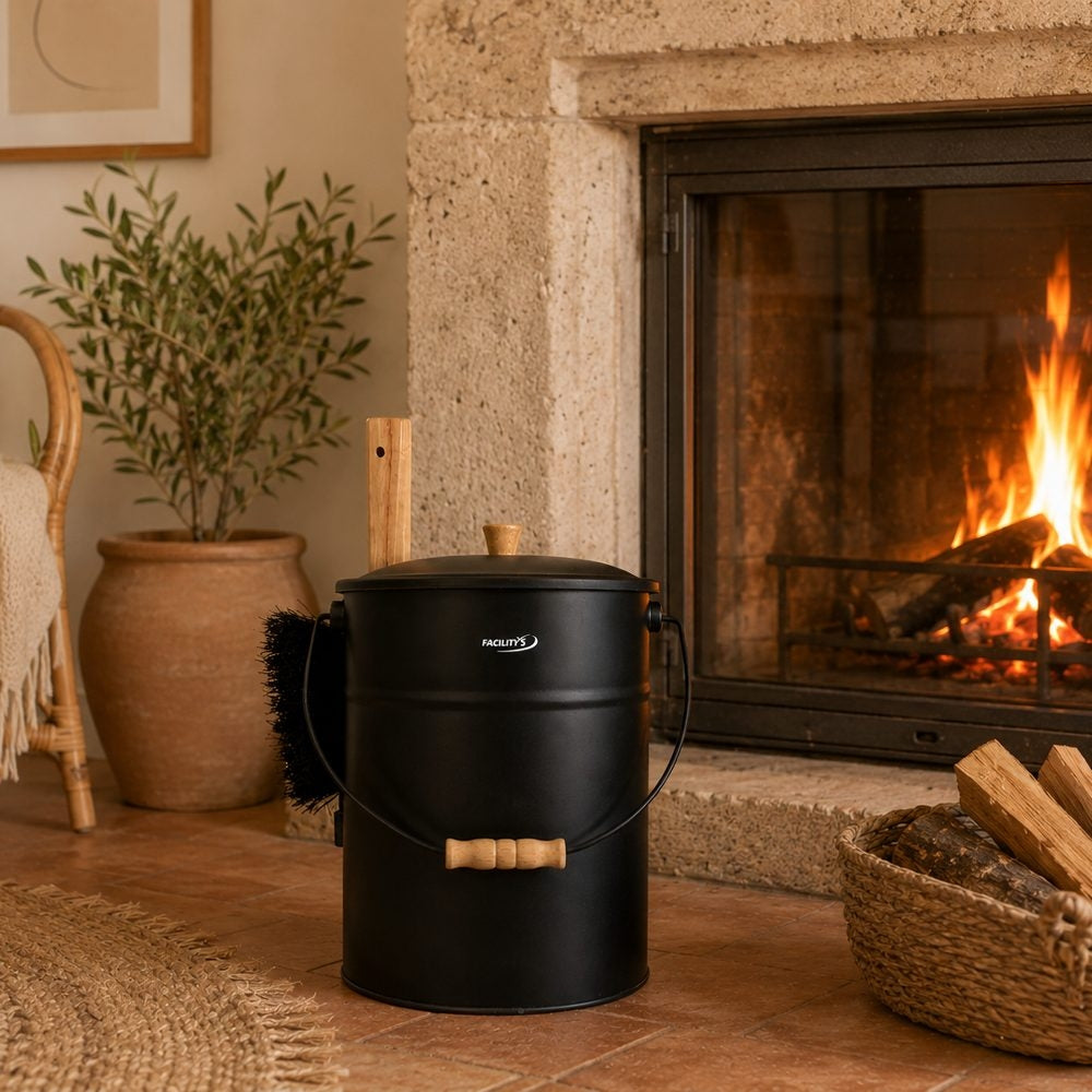 SEAU A CENDRES AVEC COUVERCLE EN ACIER 4 PIECES 15L METAL BOIS NOIR