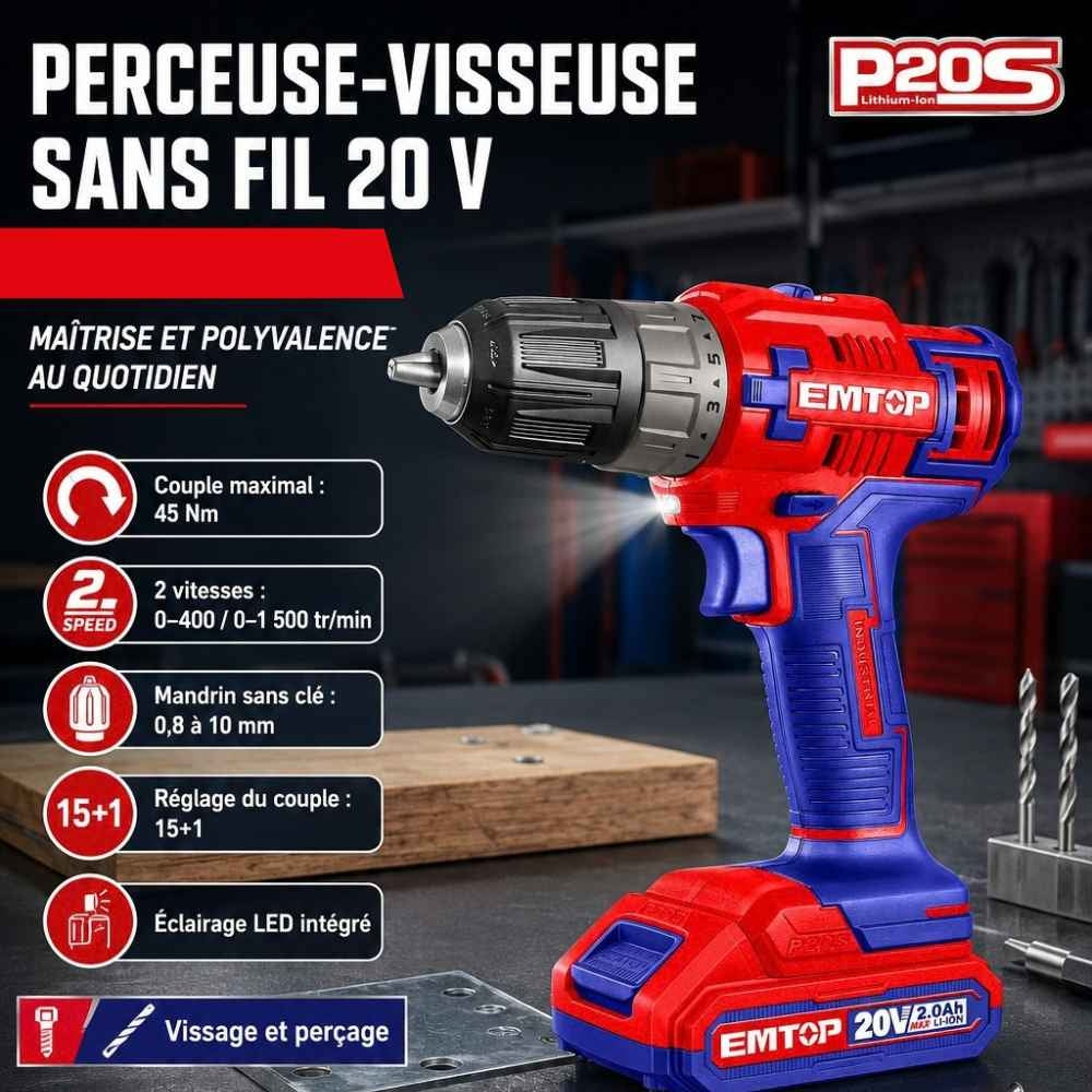 COFFRET PERCEUSE VISSEUSE 45NM 20V CHARGEUR 2 BATTERIES 2AH (2)